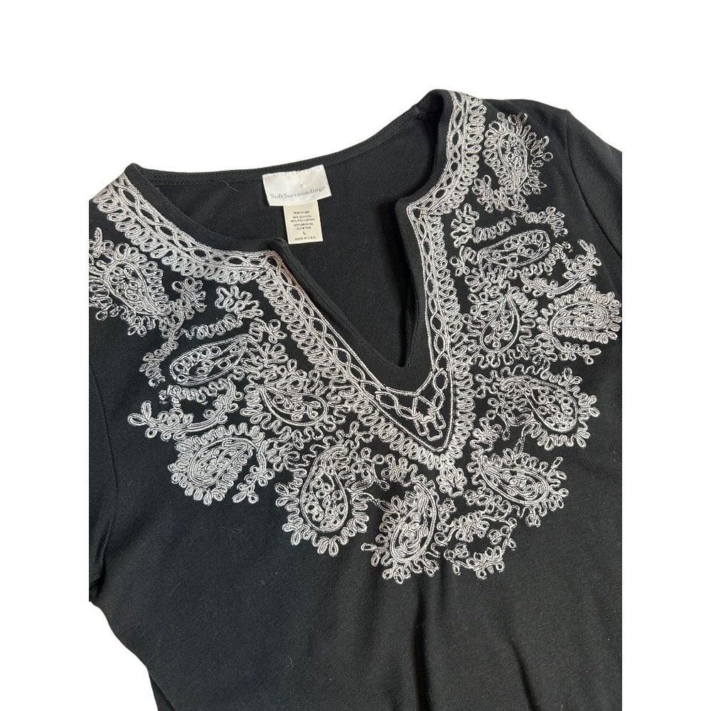 Soft Surroundings Womens Large‎ Black Long Sleeve Silver Printed Shirt Blouse